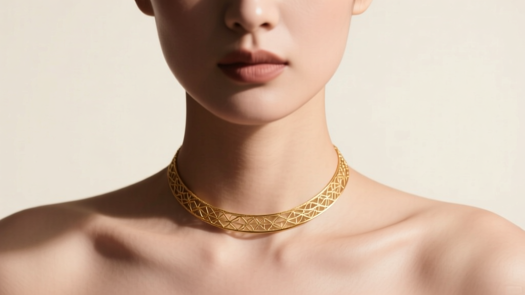 Close-up of a woman wearing a delicate 14k gold wire choker necklace, soft studio lighting highlighting her elegant collarbone.