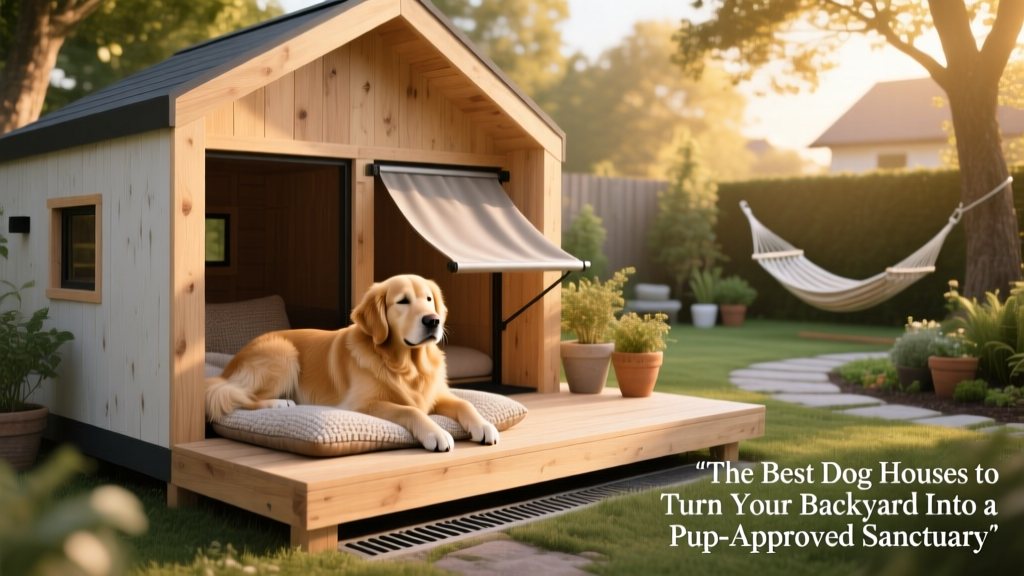 A golden retriever resting comfortably inside a large, modern wooden dog house with a raised floor and vinyl door flap