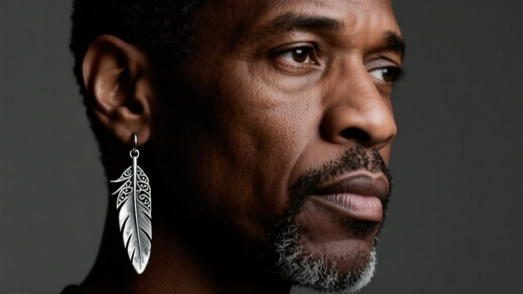 Close-up of a man wearing a sleek, oxidized sterling silver feather dangle earring in his left lobe, moody studio lighting