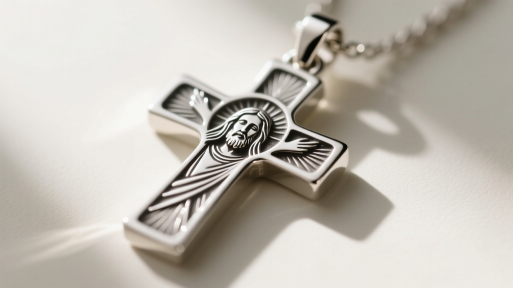 Macro shot of a sterling silver cross pendant back, showing deep engraving of the Lord