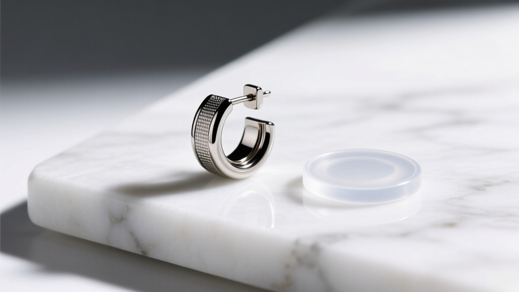 Close-up of a smooth titanium magnetic pressure earring resting on a white marble surface next to a small, clear silicone pad.