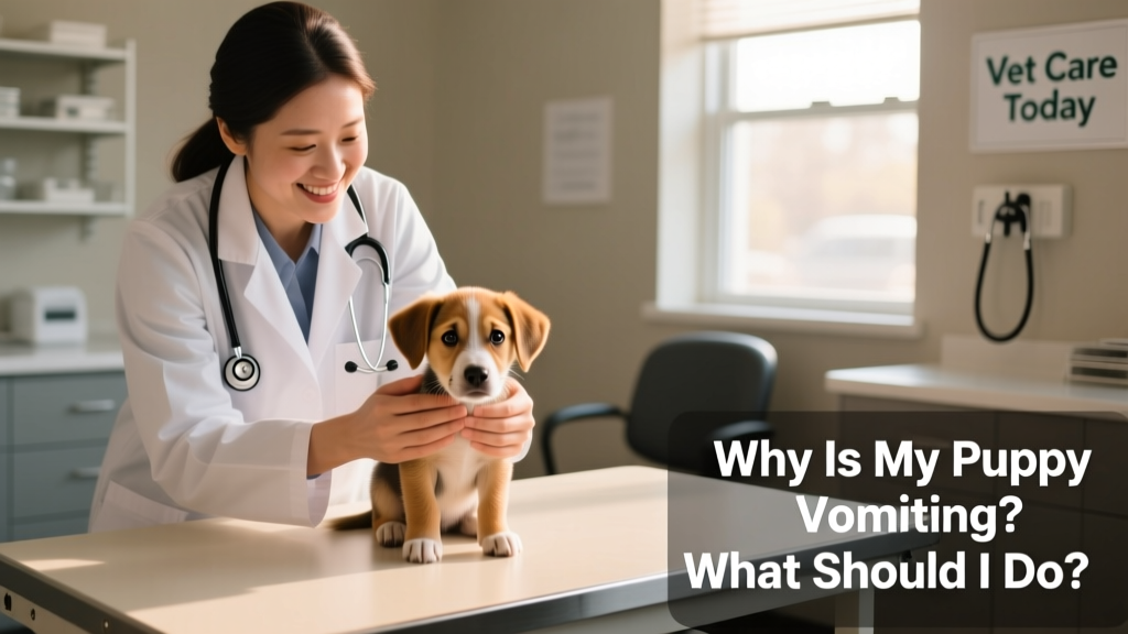 Veterinarian gently examining a small puppy on an exam table, with a calm expression and reassuring body language