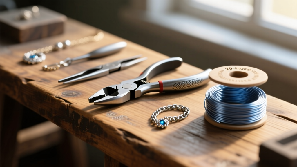 Close-up of jewelry tools including flush cutters, chain-nose pliers, and a spool of 20-gauge raw niobium wire on a wooden bench