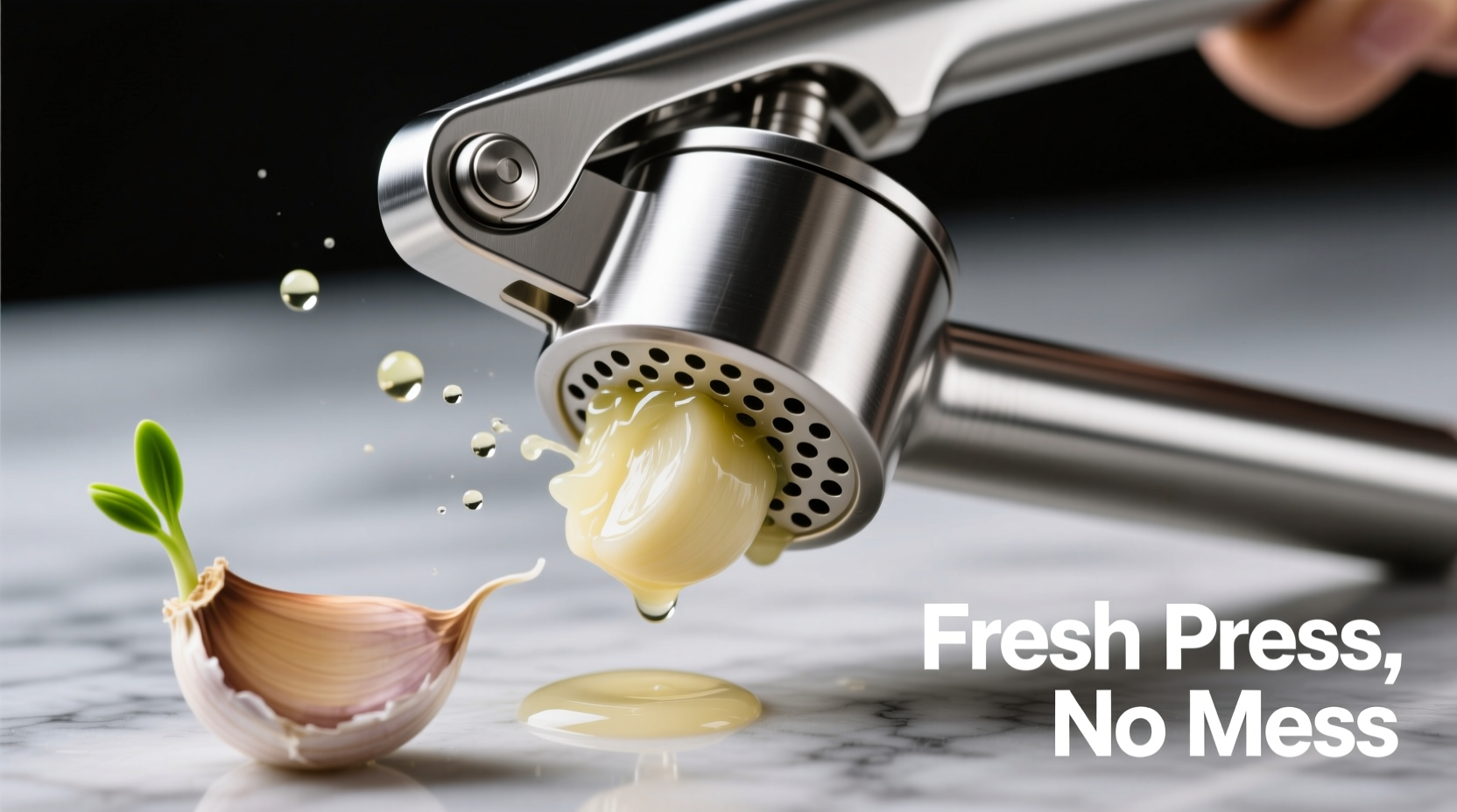 Stainless steel garlic press in action with fresh garlic
