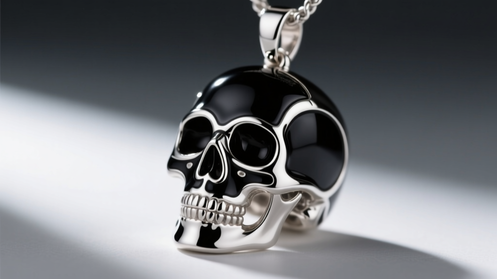 Macro shot of black enamel inlay on a silver skull pendant, showing glossy texture contrasting with matte oxidized metal details.