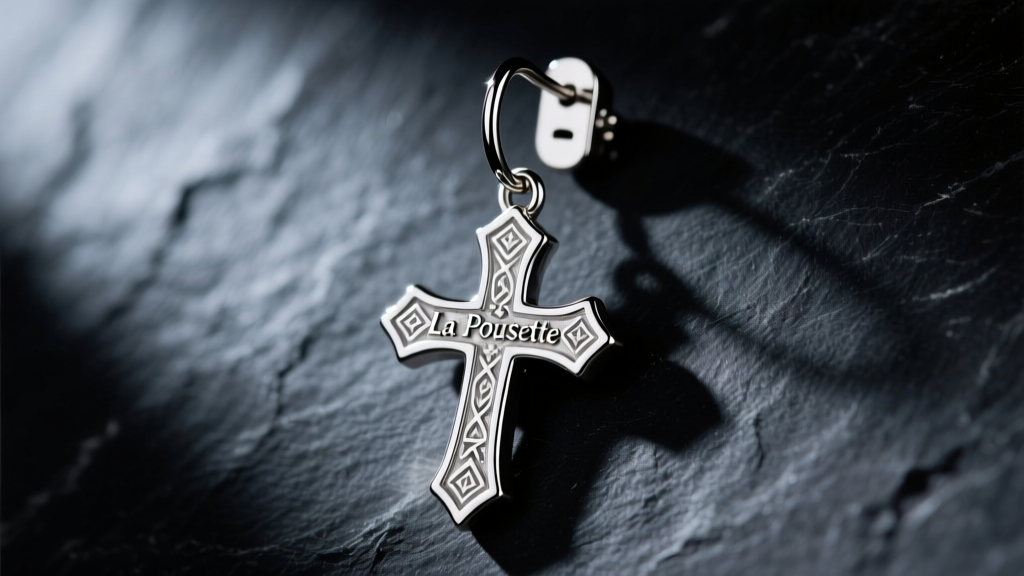 Macro shot of 16-gauge platinum hanging cross earring with a La pousette locking back on dark slate under dramatic lighting.