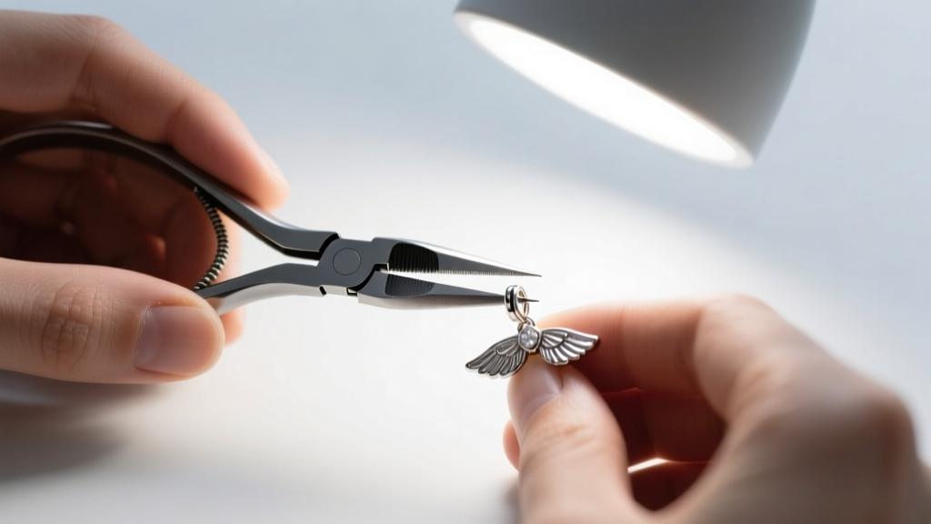 Hands using nylon pliers to adjust tension wings on a silver leverback earring clasp under a bright magnifying desk lamp.