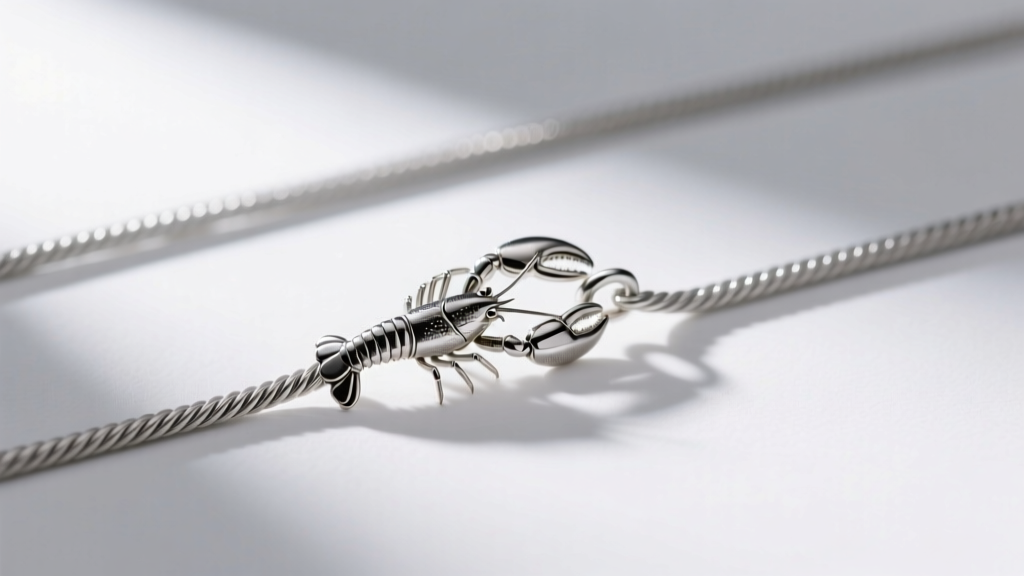 Macro photography of a 1.5mm sterling silver cable chain and lobster clasp, sharp focus on metal texture, studio lighting setup