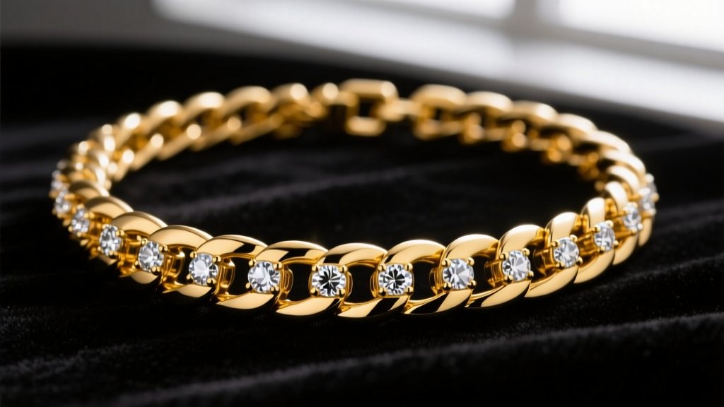 Close-up of a 14mm 18k yellow gold Miami Cuban link hip hop style necklace with VVS1 moissanite stones, resting on dark velvet