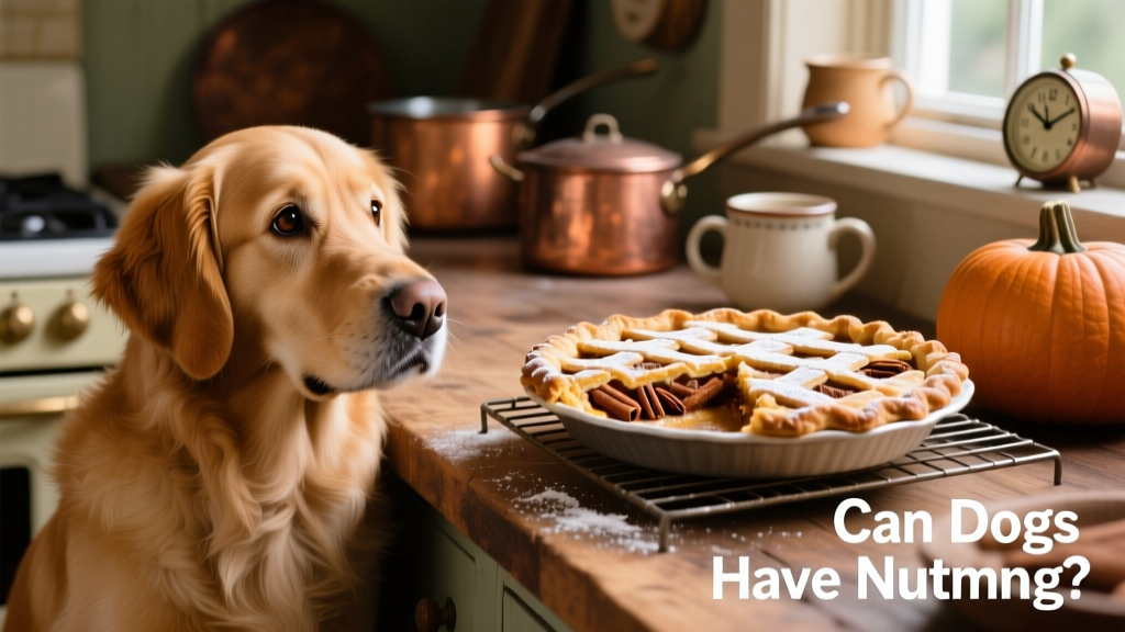 A dog sitting beside a cooling pumpkin pie on a kitchen counter, looking curious but not eating