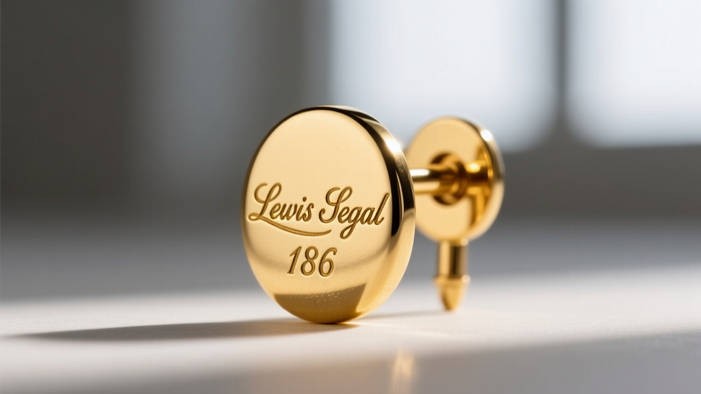 Extreme macro photography of a vintage 18k gold earring post showing the stamped Lewis Segal maker's mark and 750 purity hallmark.