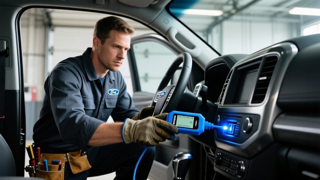 Mechanic holding a blue BlueDriver OBD2 scanner plugged into the diagnostic port under the steering wheel of a Ford F-150