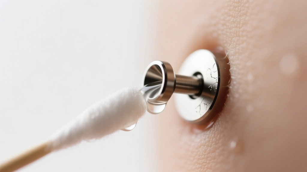 Macro photo of an 18-gauge titanium lobe stud being gently cleaned with a sterile saline soaked cotton swab in soft light.