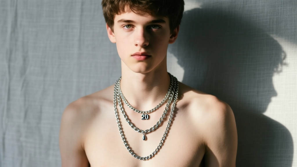 Front portrait of a man wearing three layered silver chains at 18, 20, and 22 inches, clearly showing the distinct drop lengths.