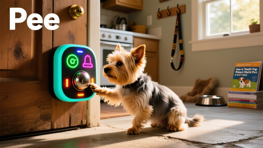 A small dog gently pressing a large, colorful electronic bell button mounted beside a back door