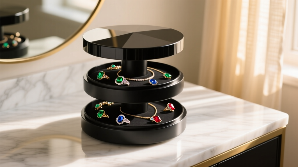 A sleek, three-tiered matte black carousel jewelry box rotating on a modern marble vanity, softly lit by warm morning sunlight.