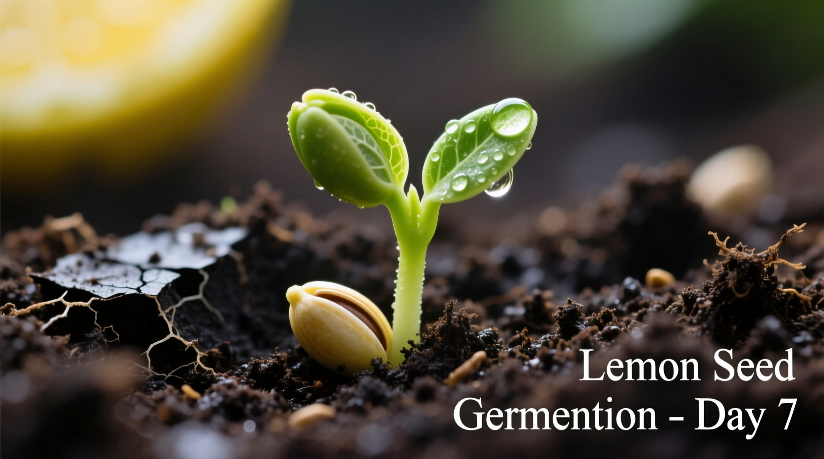 Close-up of lemon seeds in soil with sprouting seedling