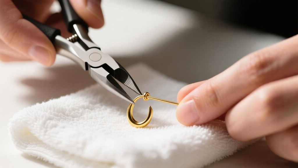 Hands using flat-nose pliers to gently bend a 14k gold threadless earring pin, showing tension adjustment on a clean white towel.