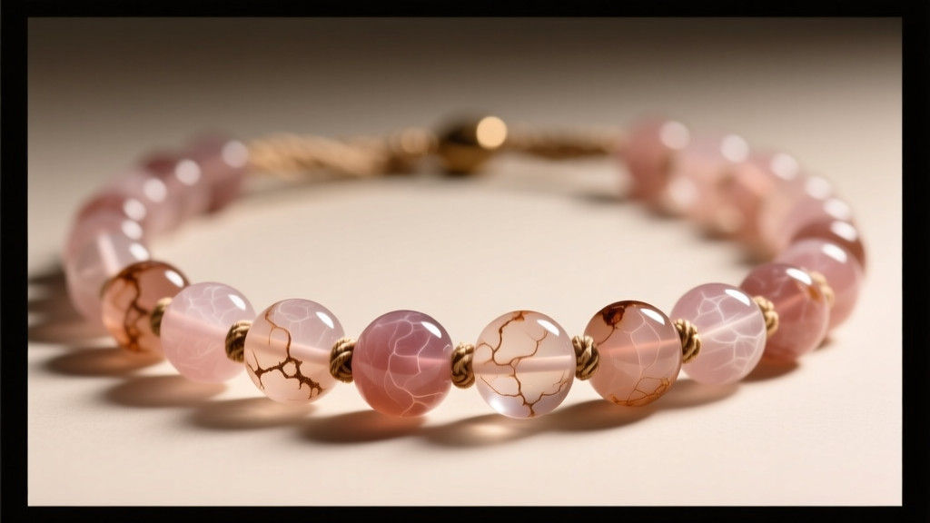 Macro photo of vintage rose quartz bead necklace showing cloudy inclusions and silk thread under warm directional studio lighting.