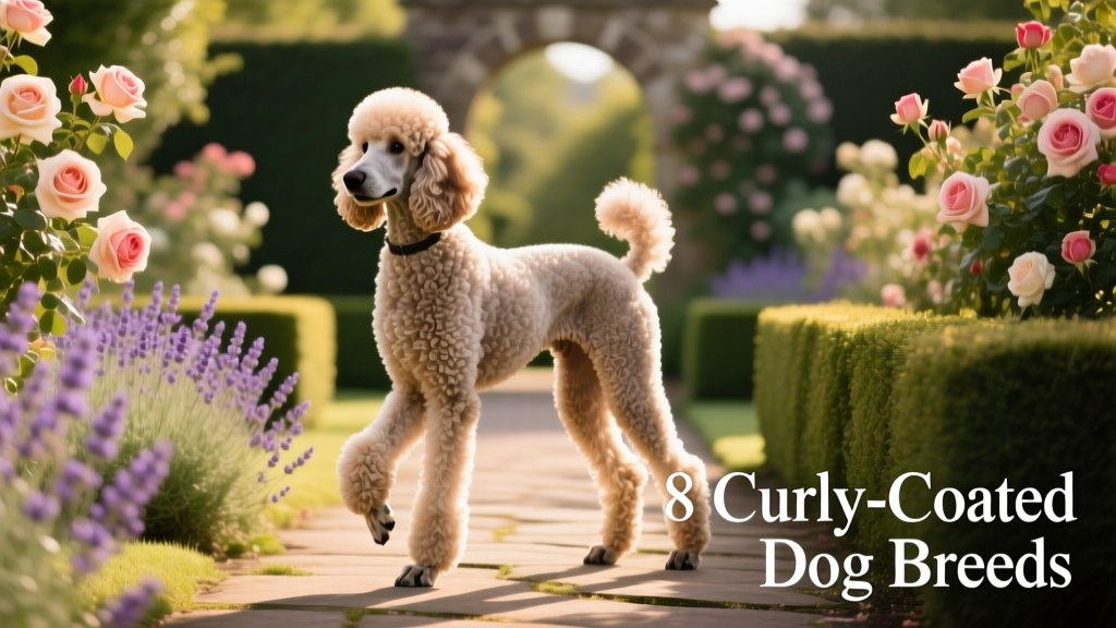 A well-groomed standard Poodle in a classic continental clip, posing elegantly in a sunlit garden