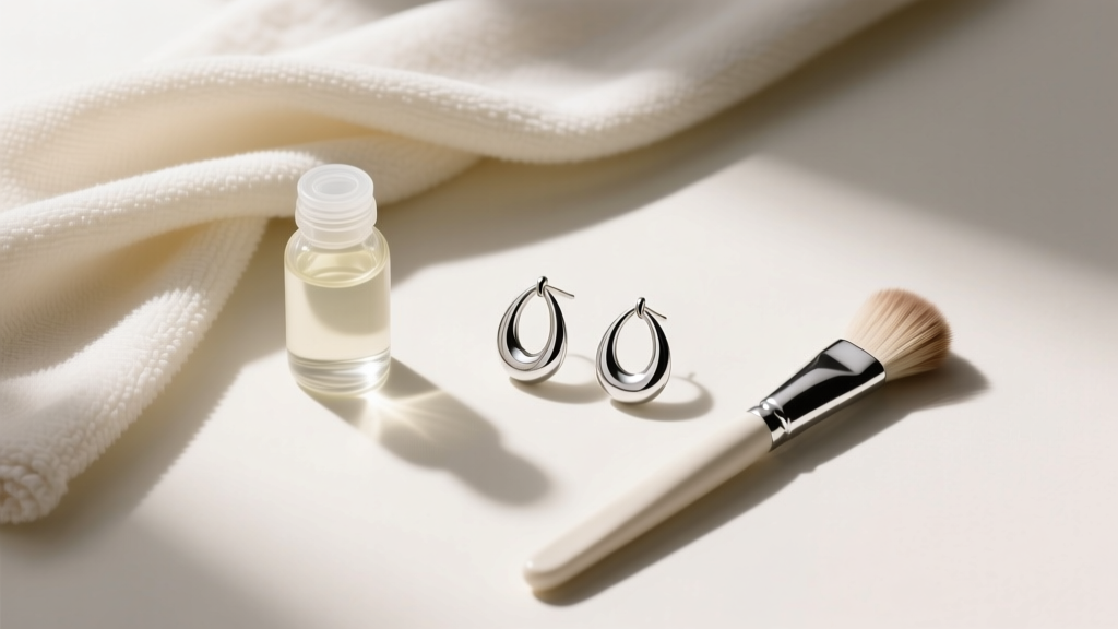 Flat lay of jewelry care tools including a microfiber cloth, mild soap, and soft brush placed next to silver teardrop hoop earrings
