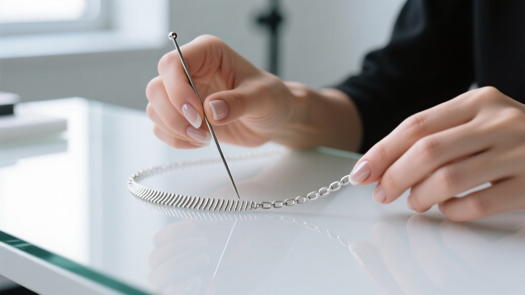 Hands using a fine steel T-pin to gently massage a kink out of a silver fish bone chain necklace on a flat glass workbench.