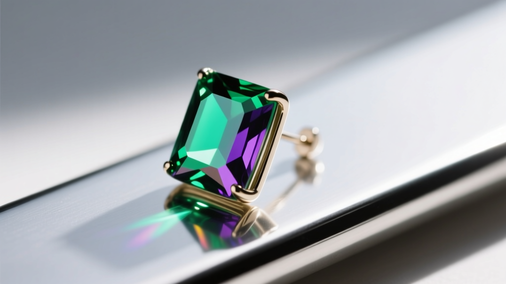 Macro shot of a dichroic glass earring showing iridescent green and purple color shifts, resting on a sleek metallic surface.