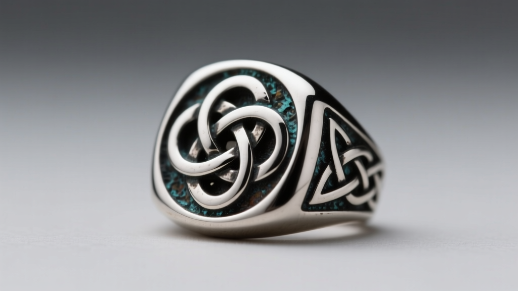 Macro shot of an oxidized 925 sterling silver signet pendant showing intricate Celtic knot engraving and a natural dark patina.