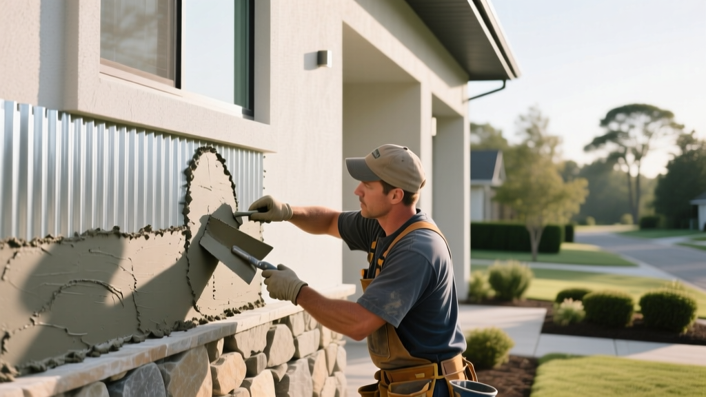 Professional stone veneer contractor troweling Type S mortar onto a galvanized metal lath scratch coat on an exterior home facade