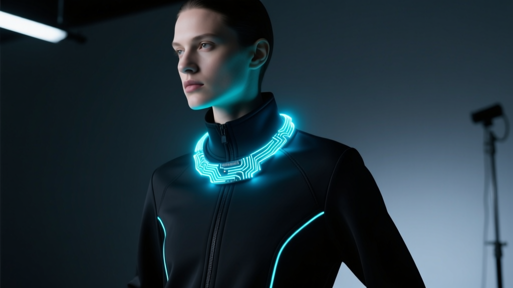 Glowing fiber optic LED necklace on a black neoprene techwear jacket, emitting neon cyan light in a moody, dark studio setting.