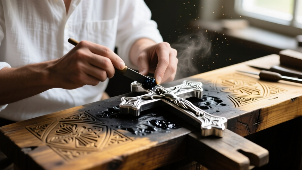 Silversmith applying liver of sulfur to a silver cross to contrast the carved religious relief on a wooden jewelry bench