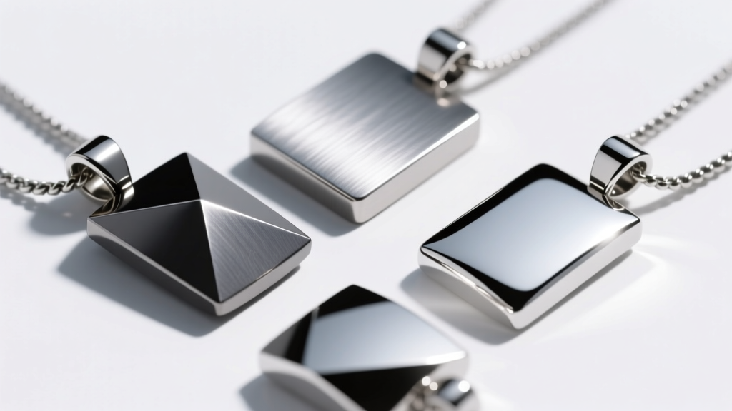 Macro shot of four polished metal pendants: tungsten, titanium, steel, and silver under bright, directional studio lighting.