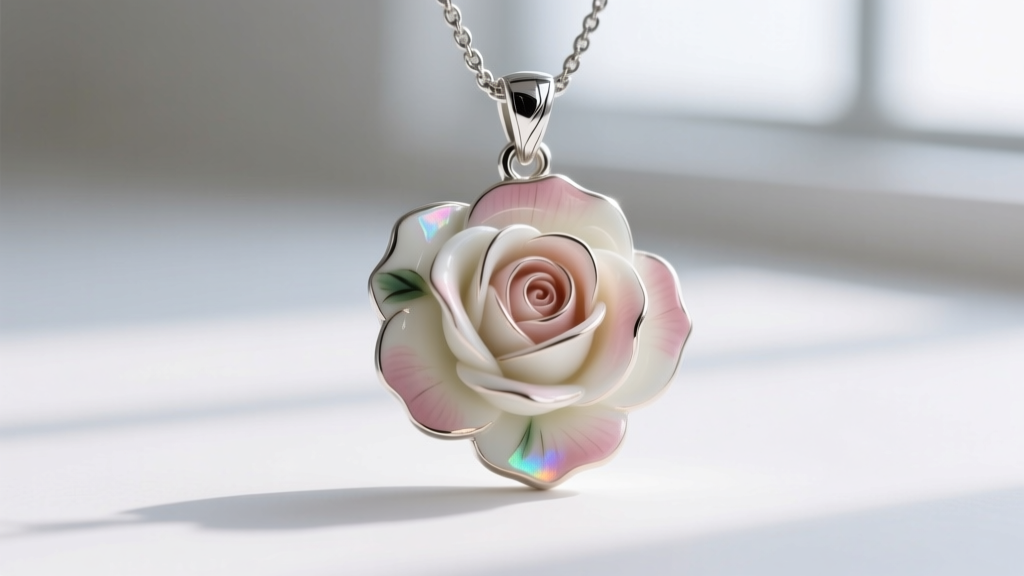 Macro view of a reproduction rose pendant with painted porcelain details and silver-tone pewter casting on a plain white backdrop.