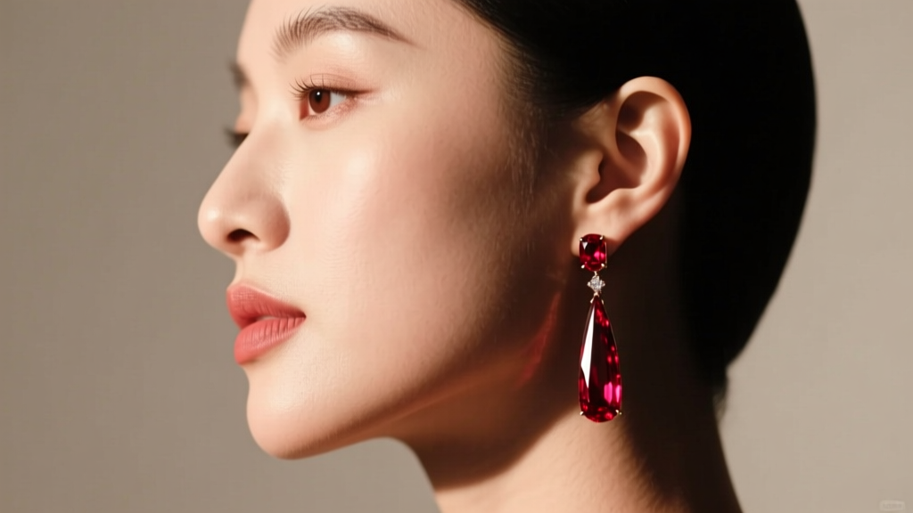 Side profile of a person with a round face wearing elongated scarlet gemstone drop earrings, highlighting the jawline contour.