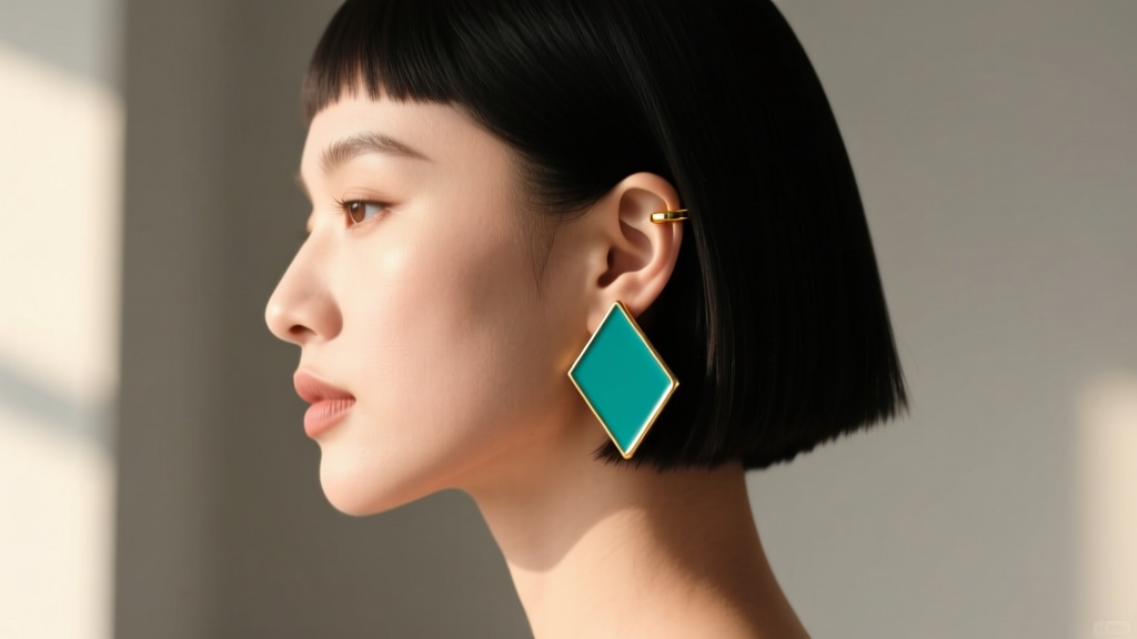 Side profile of a woman with a sleek bob wearing geometric teal enamel and gold ear cuffs showcasing a modern minimalist aesthetic