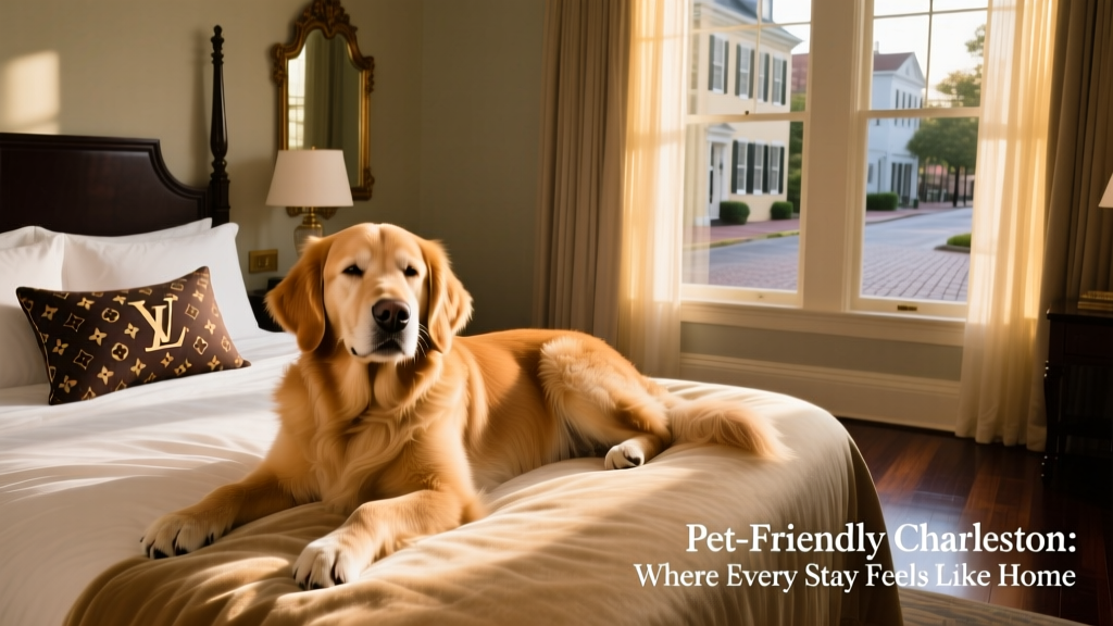 A friendly golden retriever named Bear relaxing on a plush hotel bed at Belmond Charleston Place