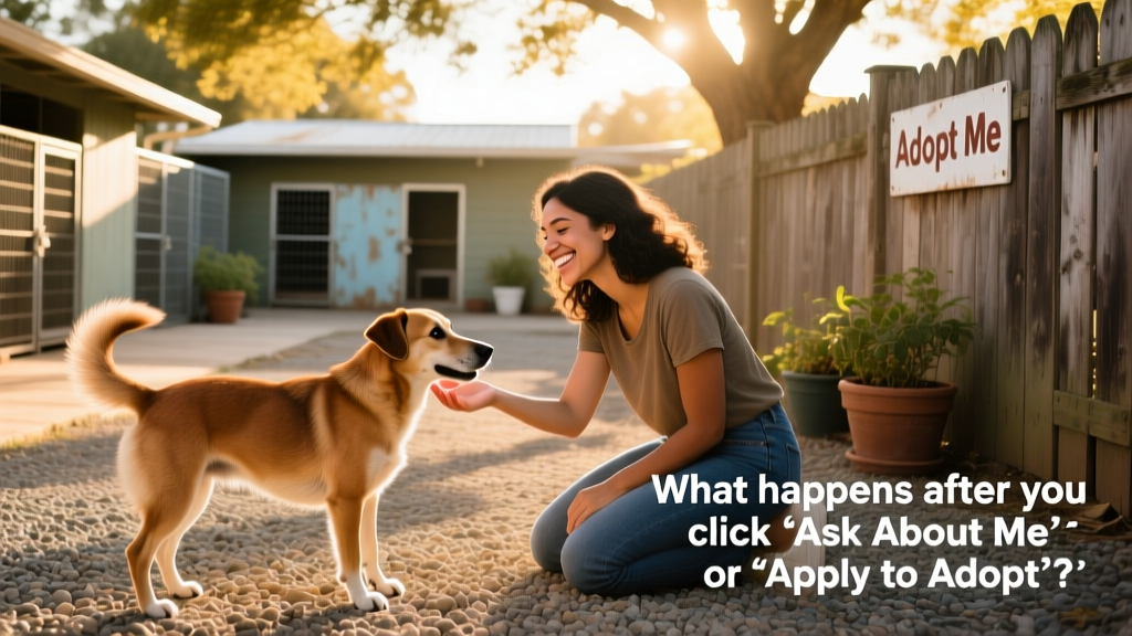 A joyful person kneeling beside a friendly dog in a sunlit shelter yard, smiling as they make first contact