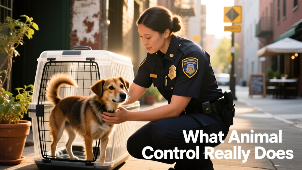 Animal control officer gently securing a friendly stray dog in a humane transport carrier