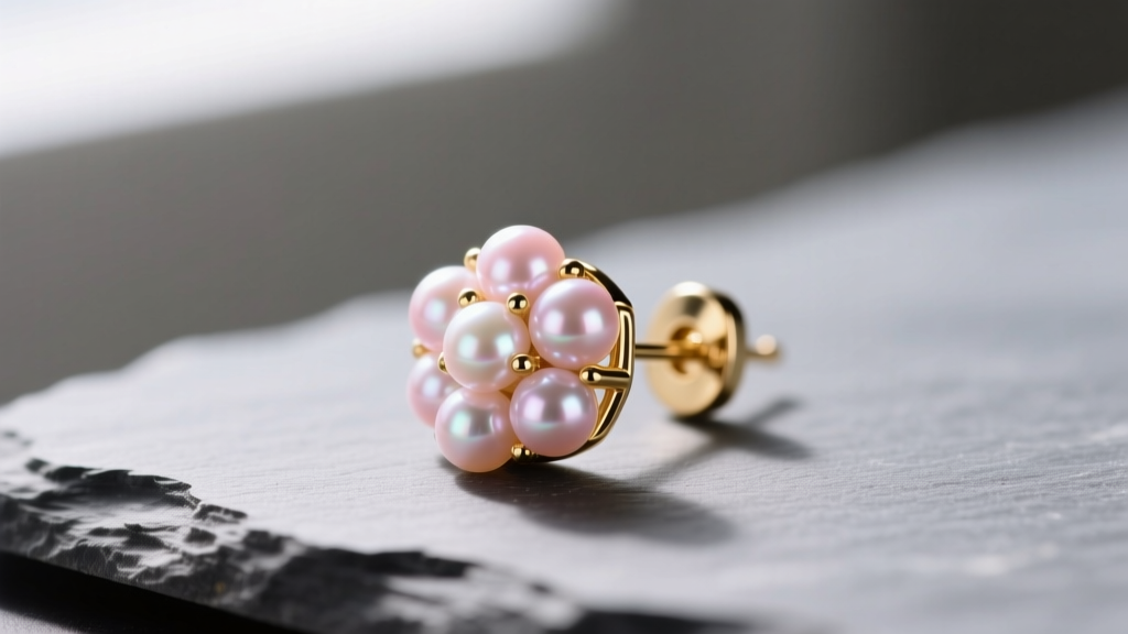 Macro shot of a 3mm micro-pearl cluster earring on slate, showing pink overtone luster and 18k gold tension setting, sharp focus.