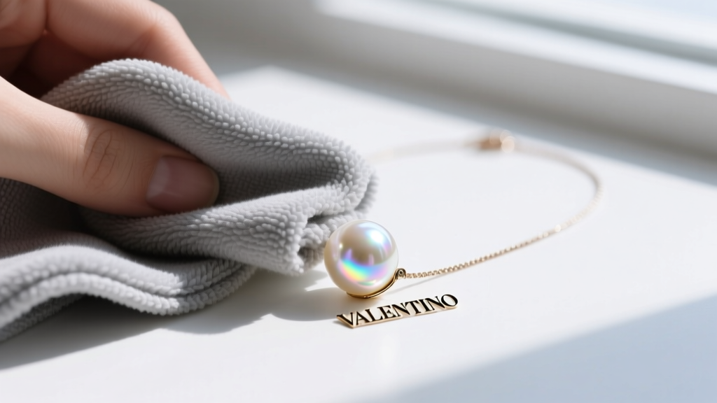 Close-up of a microfiber cloth wiping a Valentino logo pearl drop necklace, highlighting the high-luster crystal pearl coating.
