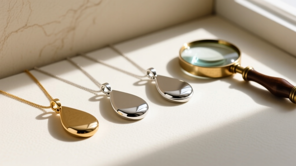 Flat lay of three teardrop pendants in brass, silver-plate, and sterling silver next to a jeweler