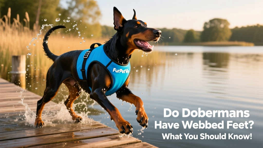 A happy, wet Doberman shaking off water beside a dock, wearing a bright blue FurPetVo safety vest
