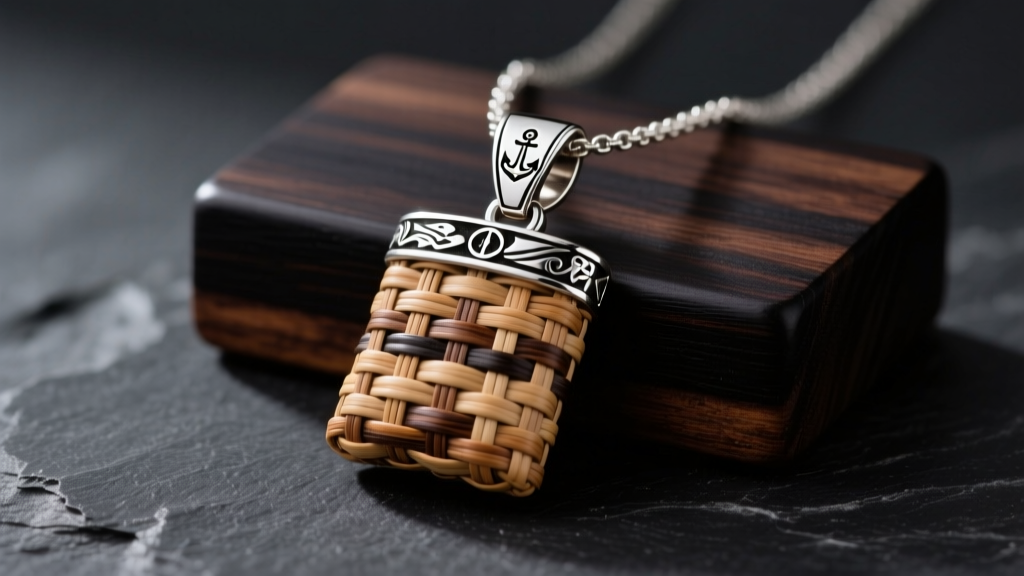 Nantucket basket necklace pendant with natural cane weave, ebony wood base, and sterling silver scrimshaw cap on dark slate.