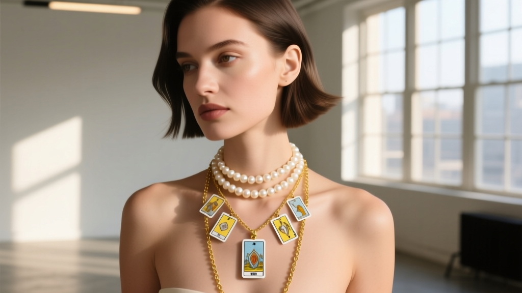 Woman wearing a layered stack with a tiny tarot deck necklace centerpiece, paired with a pearl choker and long gold pendant chain