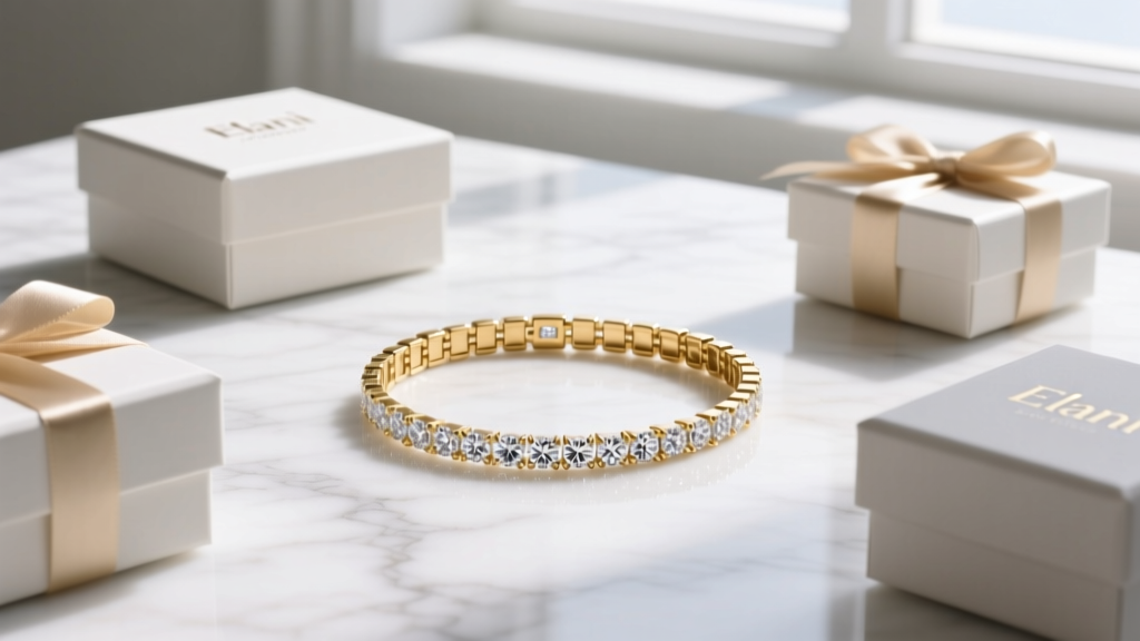 Elegant flat lay of Elani fine jewelry gift boxes with 14k gold diamond tennis bracelets on a white marble surface