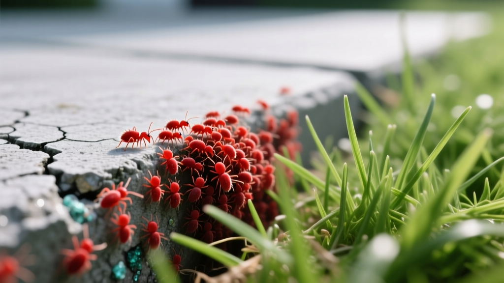 Macro view of tiny red clover mites swarming on a textured gray concrete patio edge next to lush green lawn grass