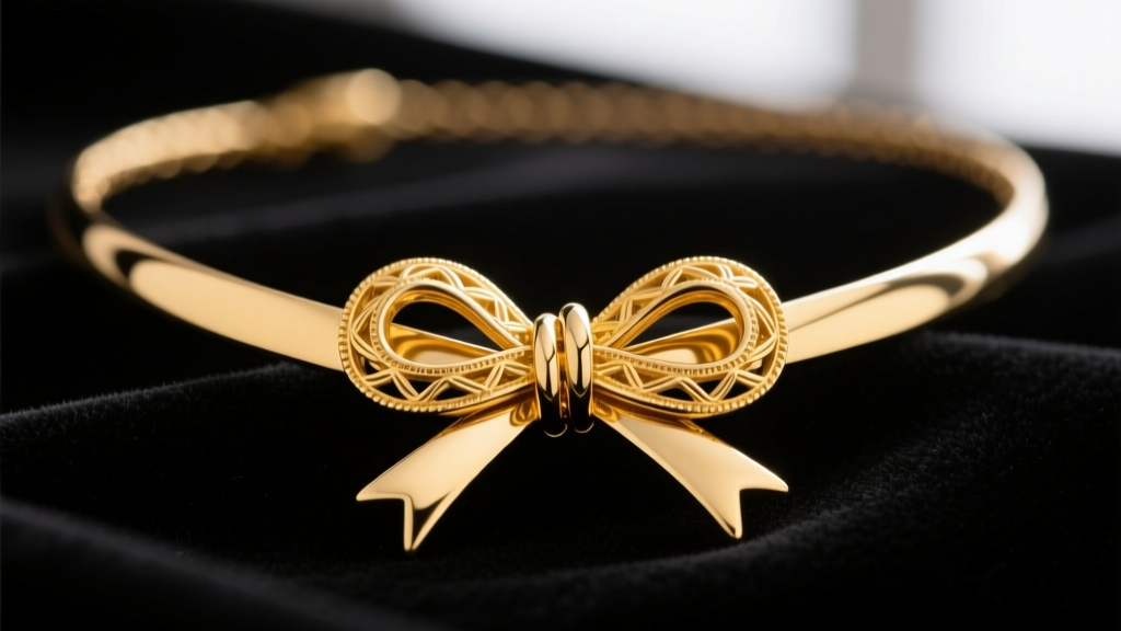 Macro shot of a 14k yellow gold bow necklace on dark velvet, showing the detailed center knot and polished ribbon loops.