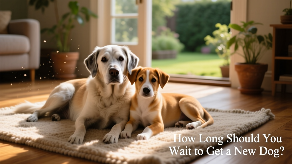 Two dogs — one older, one younger — resting side by side on a sunlit rug