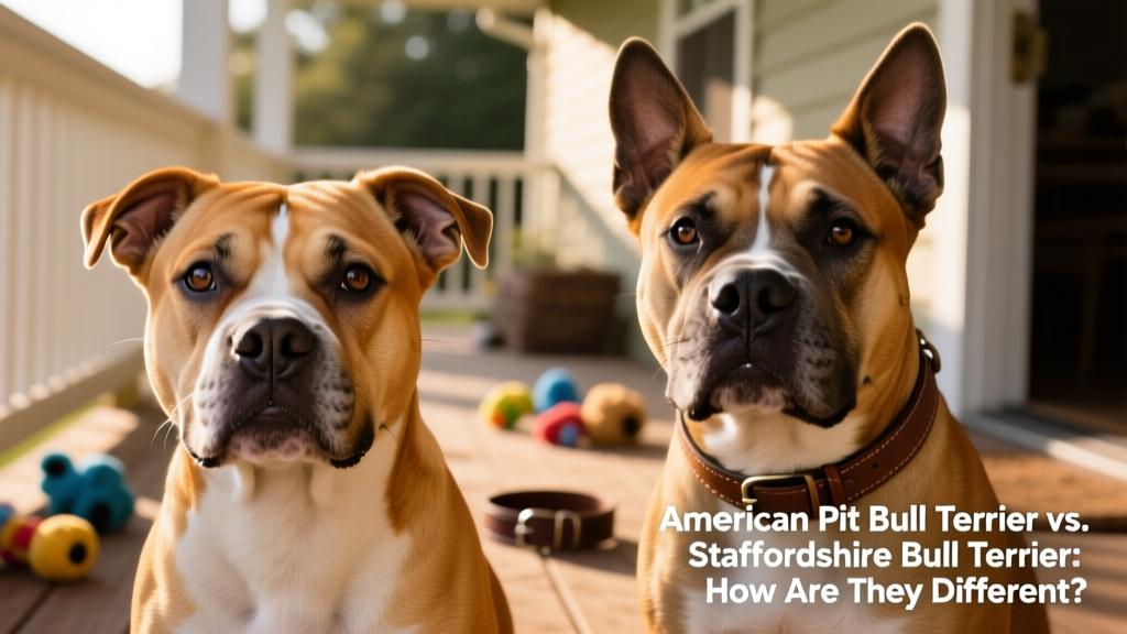 Close-up of a Staffordshire Bull Terrier's rose ears and expressive face next to an American Pit Bull Terrier's upright ears and broader muzzle