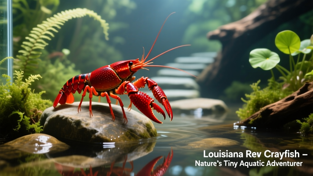 A vibrant red Louisiana crayfish perched on smooth river rocks in a planted aquarium